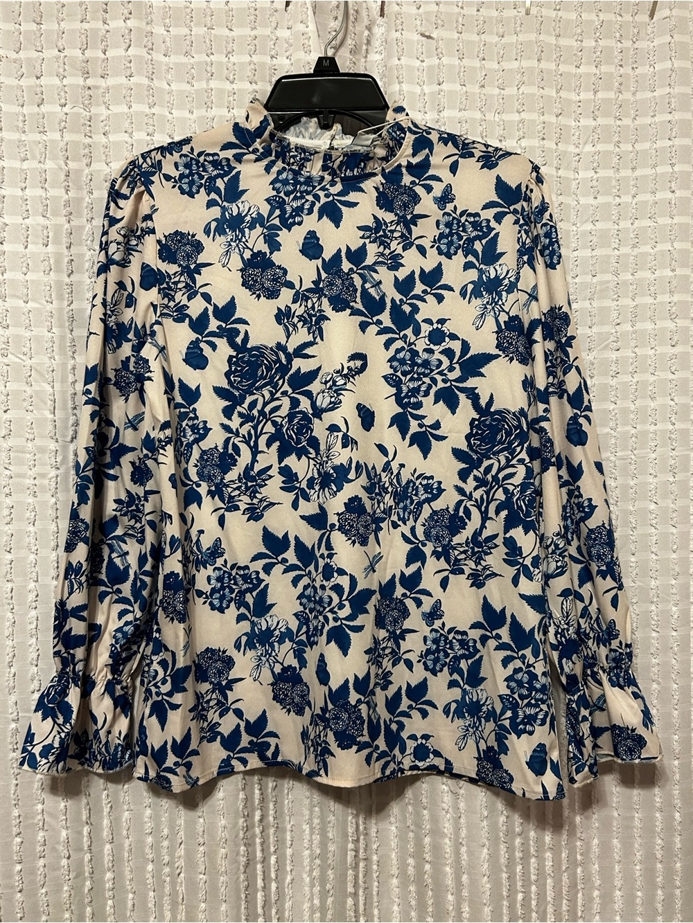 Floral Toile Ruffle Neck Blouse Blue Cream Long Sleeve Top Women's Small - Picture 1 of 6
